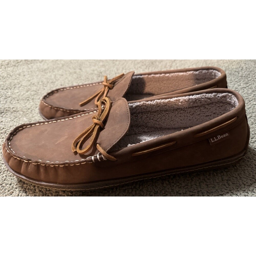 L.L. Bean Men’s Size 12 Brown Leather Shearling Lined Moccasin Slippers NWOT